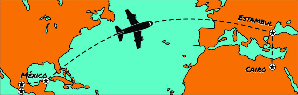 Mapa con ruta de viaje desde Puerto Escondido, México, hasta Cairo, Egipto, con escalas en Ciudad de México, Cancún y Estambul